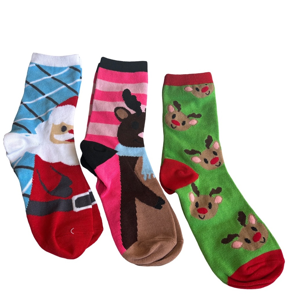(3 for $12 item Festive  Christmas Socks Set Santa and Reindeer